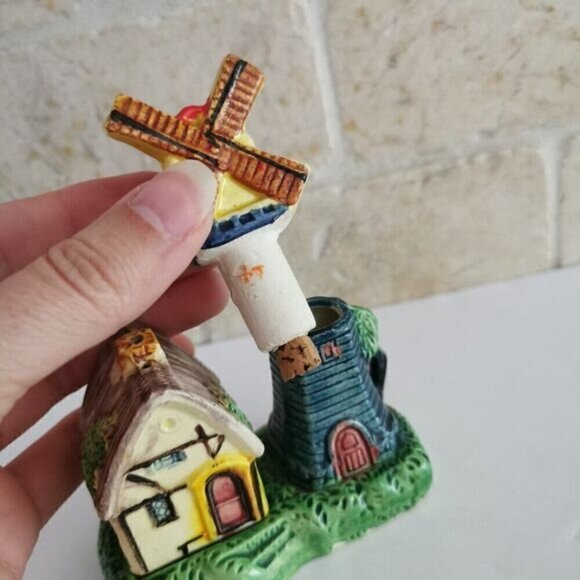 Vintage Windmill House Salt & Pepper Set, Japan Ceramic with Base 3 Pieces - Picture 5 of 9